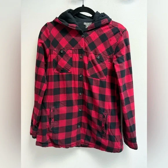 EDDIE BAUER Women’s Red Black Plaid Hooded Button Down Shirt Jacket - Size Small - Picture 7 of 8